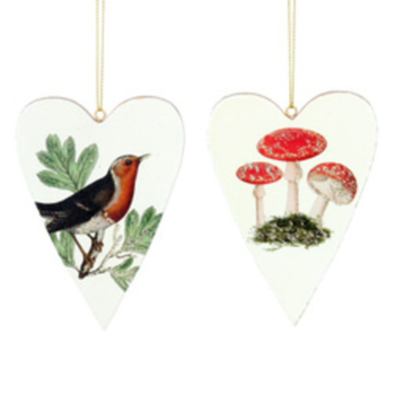 These Botanica wooden hanging hearts come in 2 different designs.  Choose from two beautiful images of either a robin or toadstools.  These Christmas decorations are perfect for hanging on the Christmas Tree. Made by London based designer Gisela Graham who designs really beautiful and unusual Christmas decorations and gifts for your home.Ê Would suit any Christmas decor and would make a lovely Christmas gift.ÊThese are sold indivually. If you have a preference please state when ordering otherwise we will select a design for you. if you purchase 2 hearts we will send you one of each design.